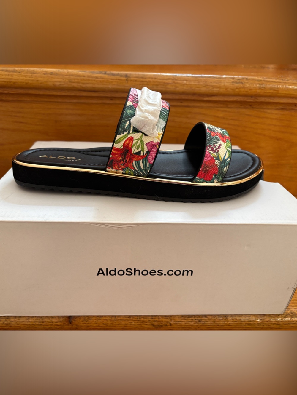 ALDO Floral Double-Strap Slide Sandals in Black with Red & Green Accents